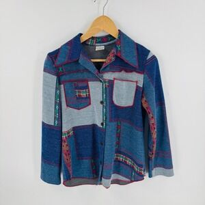 Vintage JCPenney Patchwork Denim Look Button Up Shirt Long Sleeve 70s Style